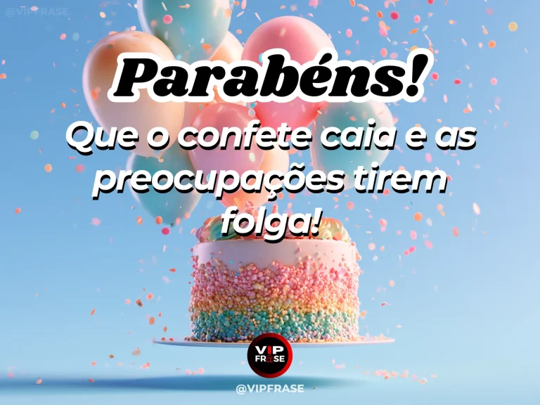 Arte de aniversário bem-humorada sobre um dia de aniversário com alegria e preocupações de folga, mostrando bolo rosa com confeitos e chuva de confetes.