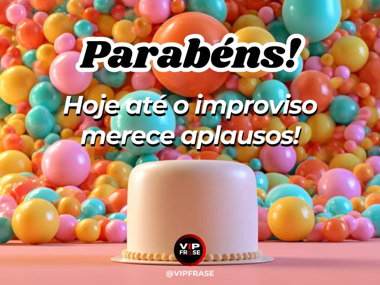 Arte de aniversário bem-humorada sobre a beleza de uma comemoração improvisada, mostrando bolo branco diante de muitos balões multicoloridos.