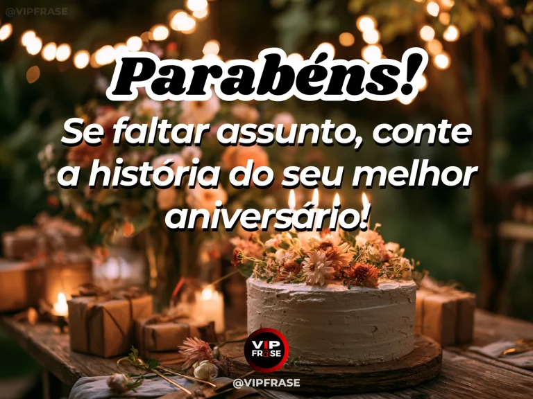 Mensagem de parabéns sobre contar histórias no aniversário, em arte com bolo rústico florido, presentes e luzes quentes.