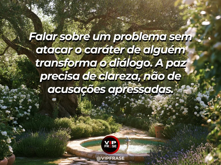 Arte com frase de paz sobre conversa respeitosa, em cenário de jardim florido.