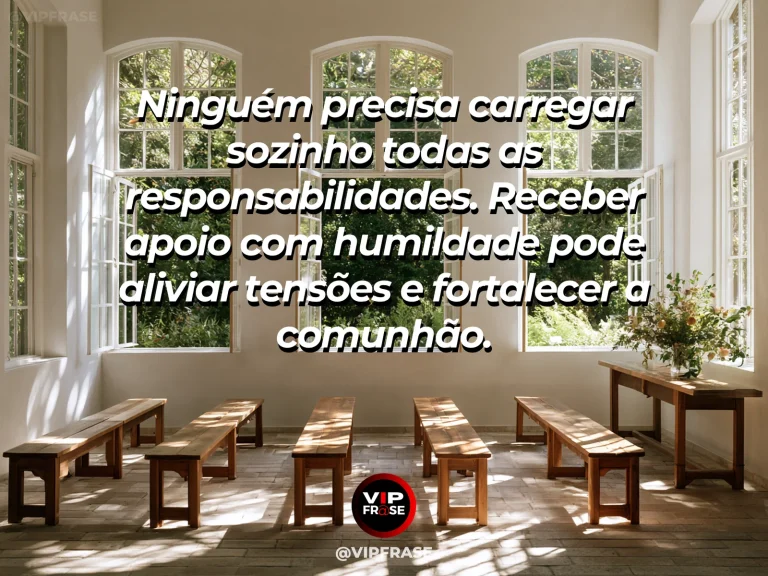 Arte com frase de paz sobre paz ao receber apoio com humildade, em cenário de mesa pequena com duas xícaras em jardim acolhedor.