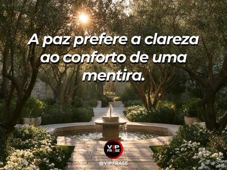 Arte com frase de paz sobre paz com clareza e honestidade, em cenário de pátio mediterrâneo claro com oliveiras e fonte.