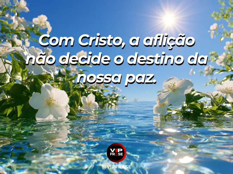 Farol branco em costa florida sob céu azul em arte sobre paz de Cristo em meio às aflições.