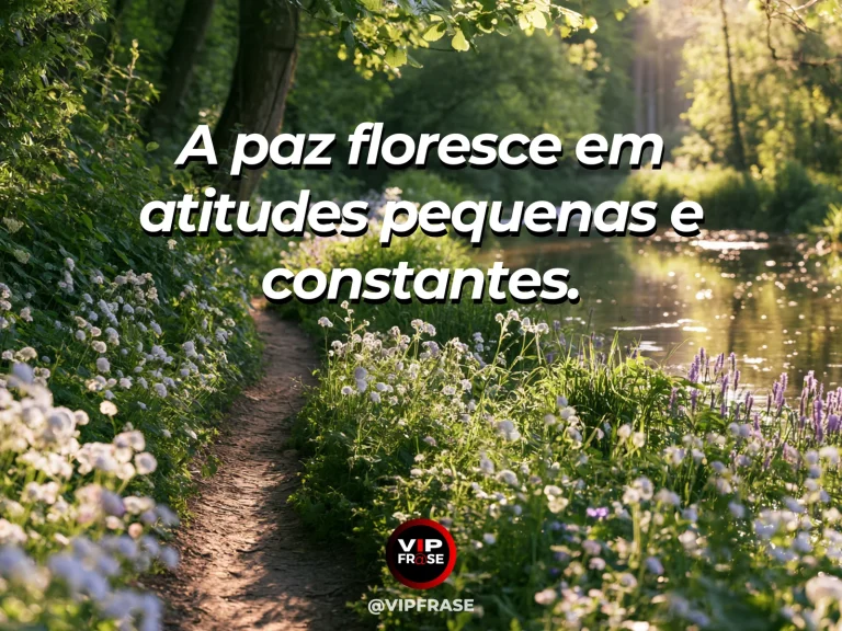 Arte com frase de paz sobre paz cultivada em pequenas atitudes, em cenário de trilha de pedras claras entre flores brancas e lilases.