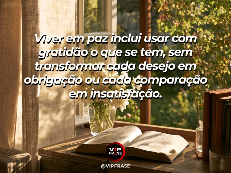 Arte com frase de paz sobre gratidão e simplicidade, em cenário de jardim florido.