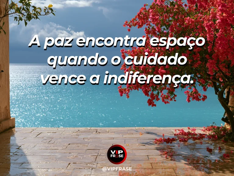 Arte com frase de paz sobre paz expressa em cuidado, em cenário de jardim vivo e luminoso com flores variadas e fonte.