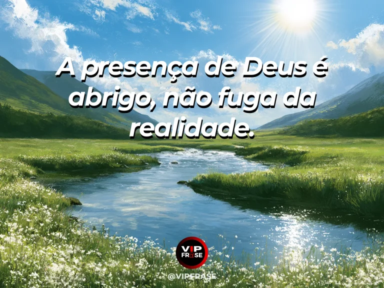 Arte com frase de paz sobre presença de Deus, em cenário de natureza e luz suave.