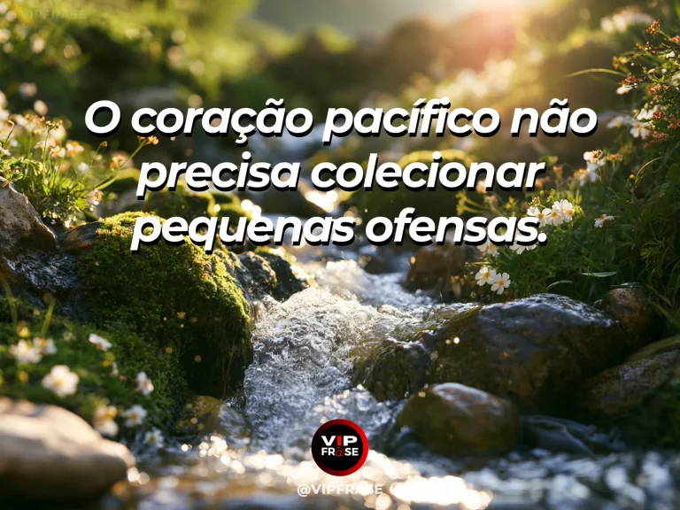 Arte com frase de paz sobre paz sem acumular pequenas ofensas, em cenário de riacho cristalino entre flores e pedras arredondadas.