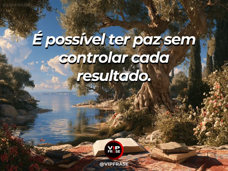 Arte com frase de paz sobre paz sem controlar todos os resultados, em cenário de lago azul amplo entre montanhas sob céu claro.