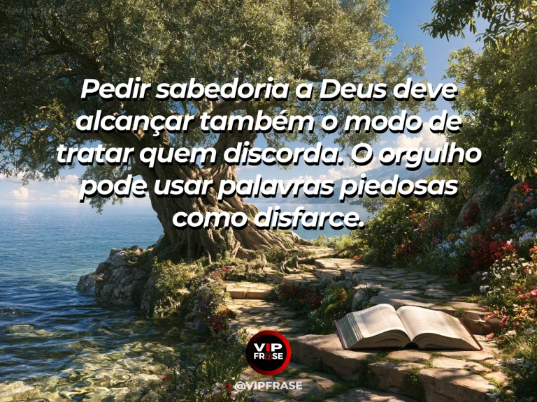 Frase de sabedoria sobre sabedoria divina e humildade, com livro aberto sob oliveira com luz dourada e flores.