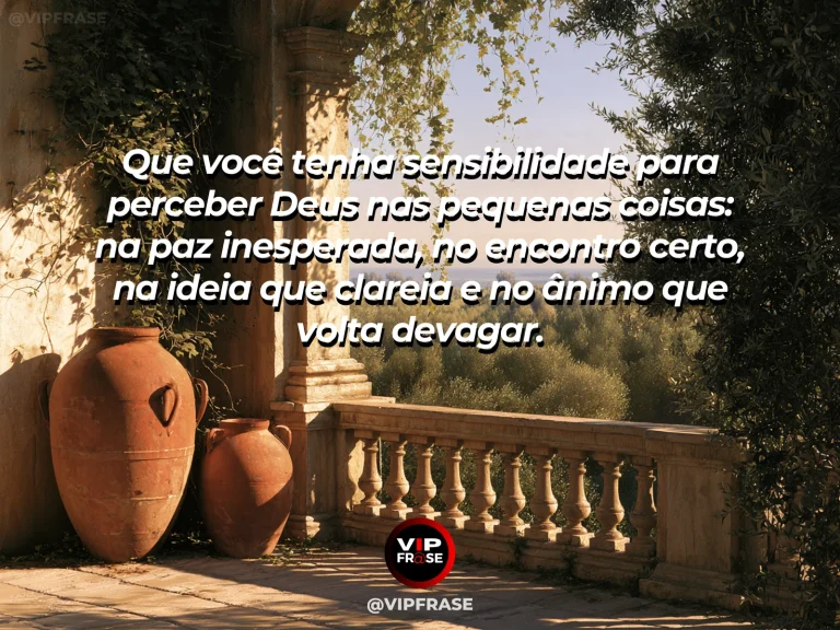 Mensagem sobre perceber Deus nas pequenas coisas, com café e jardim colorido.