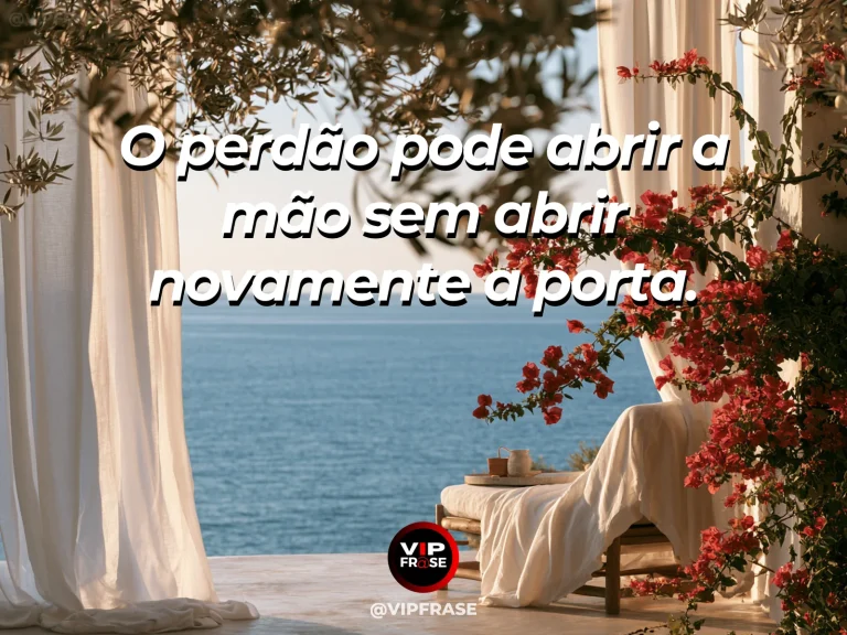 Arte com frase de paz sobre perdão com limites e proteção, em cenário de portão de jardim aberto com roseiras claras.