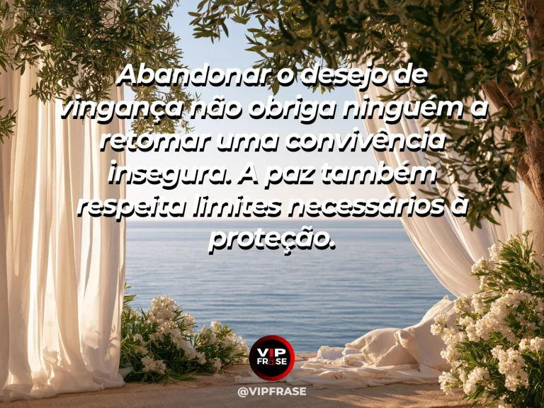 Arte com frase de paz sobre perdoar sem retomar relações inseguras, em cenário de trilha protegida por árvores floridas diante do mar.