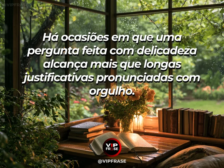 Arte com frase de paz sobre perguntar com delicadeza para preservar a paz, em cenário de mesa com duas xícaras e jarro de flores à varanda iluminada.