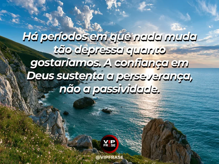 Arte com frase de paz sobre perseverança tranquila durante a espera, em cenário de vale florido depois da chuva com sol surgindo atrás das montanhas.