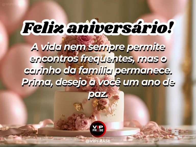 Mensagem de aniversário para prima sobre familia, em porta aberta para jardim festivo.