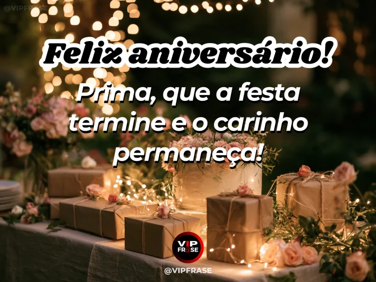 Mensagem de aniversário para prima sobre carinho, em mesa festiva ao entardecer.