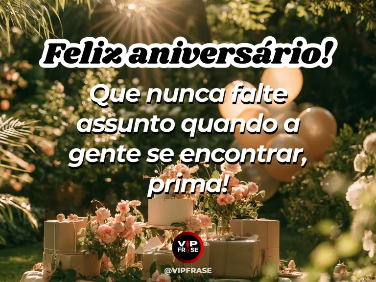 Mensagem de aniversário para prima sobre familia, com two empty chairs and teacups at floral garden table.