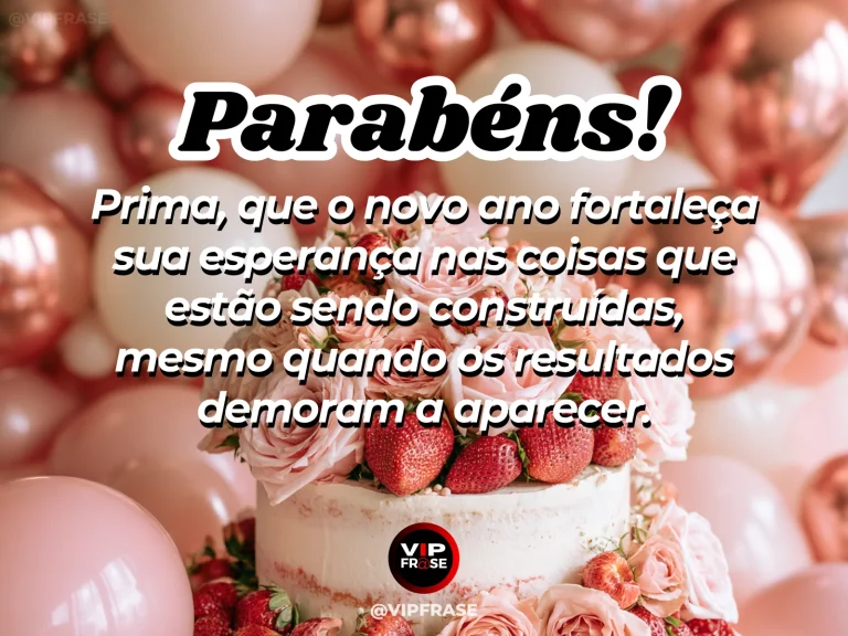 Mensagem de aniversário para prima sobre esperanca, com new blossoms opening near an elegant birthday cake.