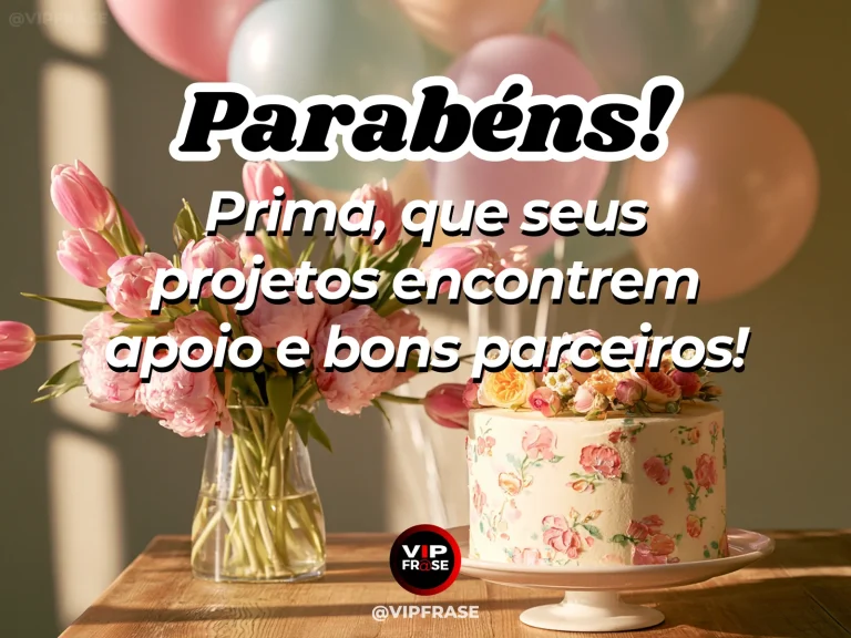 Mensagem de aniversário para prima sobre sucesso, em mesa com caderno e flores.