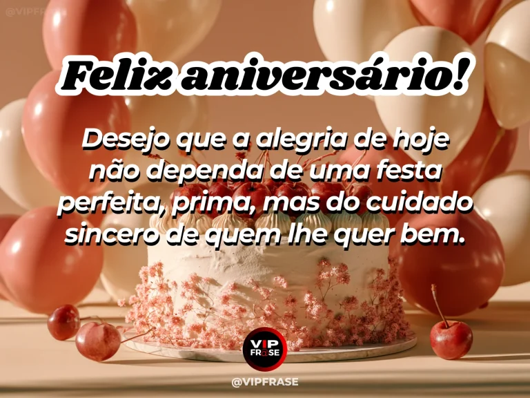 Mensagem de aniversário para prima sobre carinho, em mesa festiva com bolo e flores.