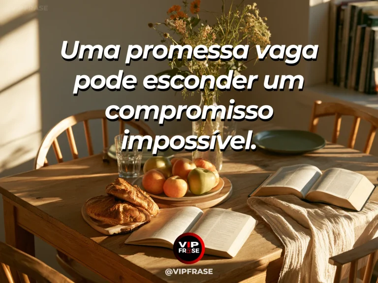 Frase de sabedoria sobre cuidado com promessas vagas, com agenda de páginas vazias ao lado de ampulheta e flores na mesa.