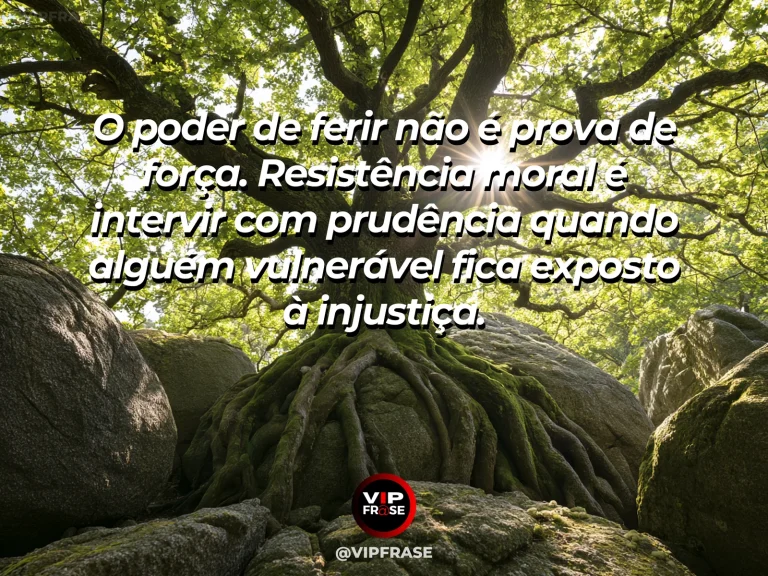 Frase de força sobre proteger quem não pode revidar, com carvalho monumental protegendo broto frágil debaixo de tempestade que se afasta.
