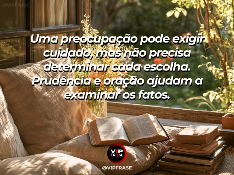 Arte com frase de paz sobre prudência e oração diante da preocupação, em cenário de livro aberto à janela com flores e montanhas ao fundo.