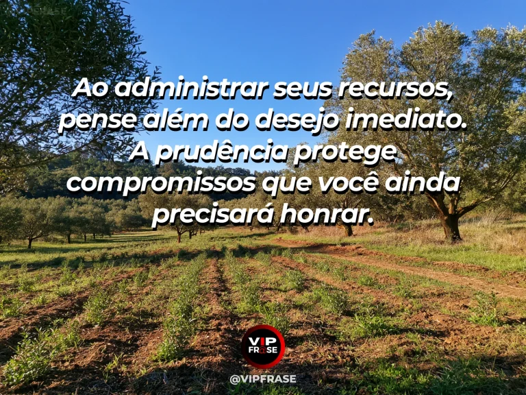 Mensagem de sabedoria sobre prudência nos compromissos, com jarros de sementes e cesta de colheita num pomar.