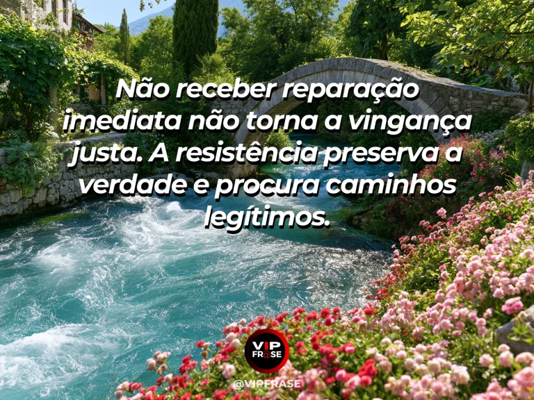 Frase de força sobre quando a reparação demora, ilustrada por uma ponte imponente sobre águas rápidas, construída em pedra sólida.