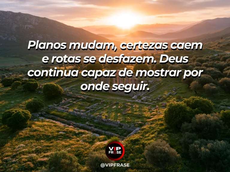 Frase sobre Deus com entroncamento de trilhas em vale verde, uma rota iluminada pelo sol e montanhas ao fundo.