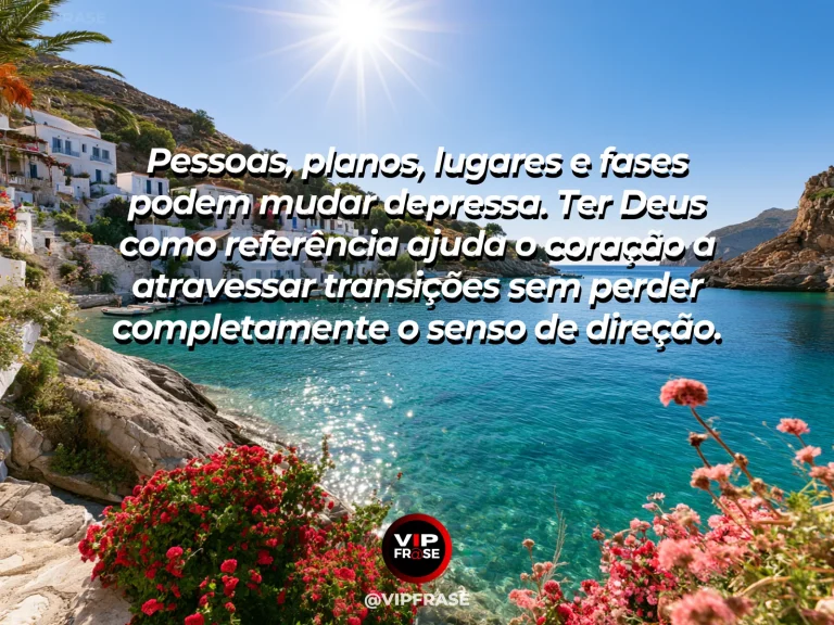 Frase sobre Deus com farol elegante sobre penhasco em dia claro, mar azul e paisagem luminosa, sem conotação religiosa.