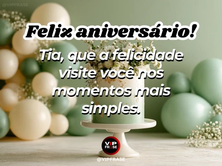 Mensagem de aniversário para tia sobre felicidade, com simple blooming birthday bouquet and small pink cake in warm sunlight.