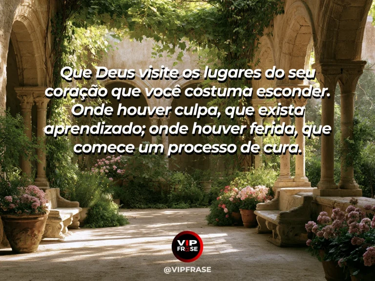 Mensagem de acolhimento com Deus, em jardim interno iluminado e tranquilo.