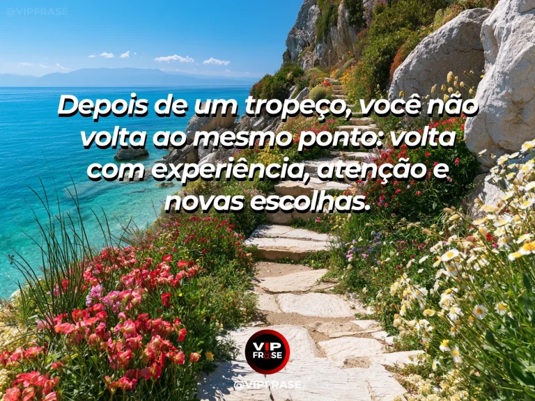 Mensagem de superação com trilha pedregosa se transformando em caminho mais claro e florido, simbolizando aprendizado depois da queda.
