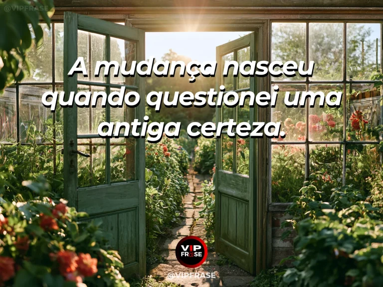 Mensagem sobre recomeço e reconsiderar crença antiga antes de mudar de rumo, com janela aberta de casa de pedra para jardim de caminhos diferentes.