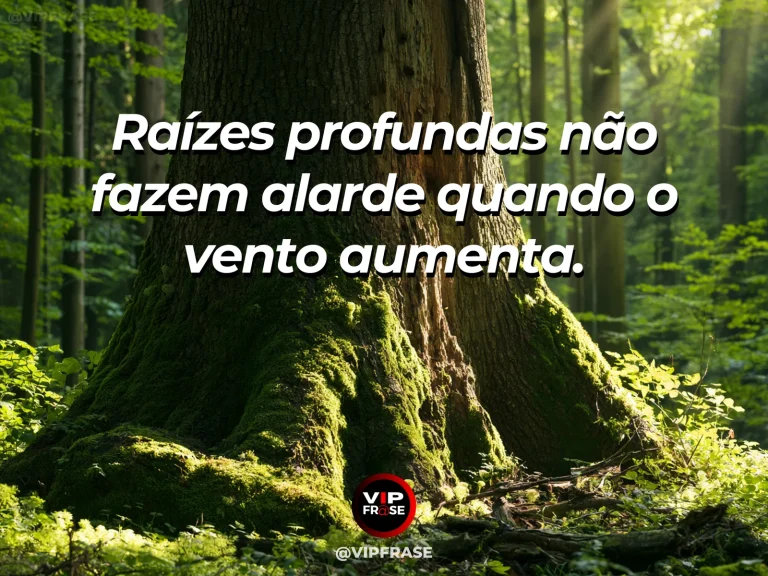 Frase de força sobre raízes que enfrentam o vento, com carvalho milenar de raízes expostas firmadas na borda de um penhasco florido.