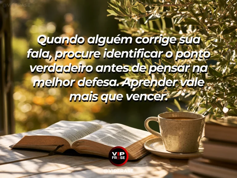 Frase de sabedoria sobre humildade para aceitar correções, com livro aberto e lupa ao lado de oliveira pela janela.