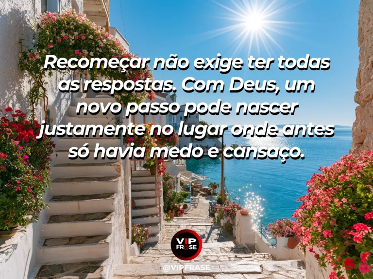 Mensagem sobre recomeçar com Deus com escadaria mediterrânea florida.