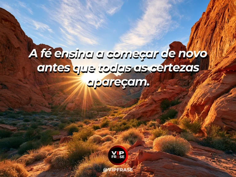 Mensagem sobre fé e recomeço em caminho entre cânions iluminado ao fundo.