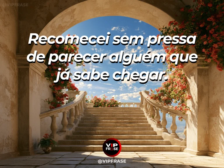 Mensagem de recomeço sobre começar sem dominar todo o percurso, em escadaria clara que desce a um jardim desconhecido e ensolarado.