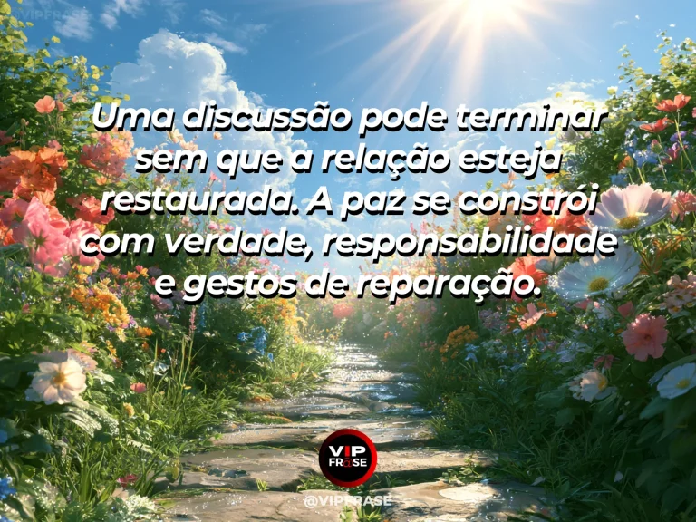Arte com frase de paz sobre reparação dos vínculos, em cenário de jardim florido.