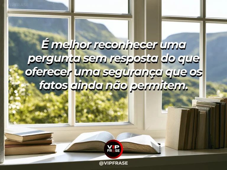 Frase de sabedoria sobre humildade diante do desconhecido, com livro aberto em mesa sob janela com horizonte amplo.