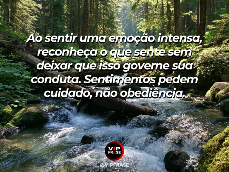 Mensagem de sabedoria sobre cuidar das emoções, com lago brilhante com pequenas ondas tocando margem florida.