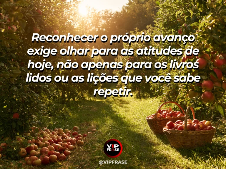 Frase de sabedoria sobre aprendizado mostrado nas atitudes, com livro aberto ao lado de árvore que começa a dar frutos.