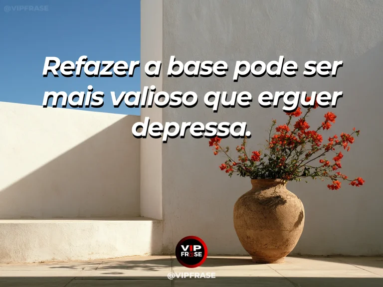 Frase sobre recomeço e reconstruir a base antes de recomeçar, em cena de canteiro com base de pedras refeita e plantas novas sob sol suave.