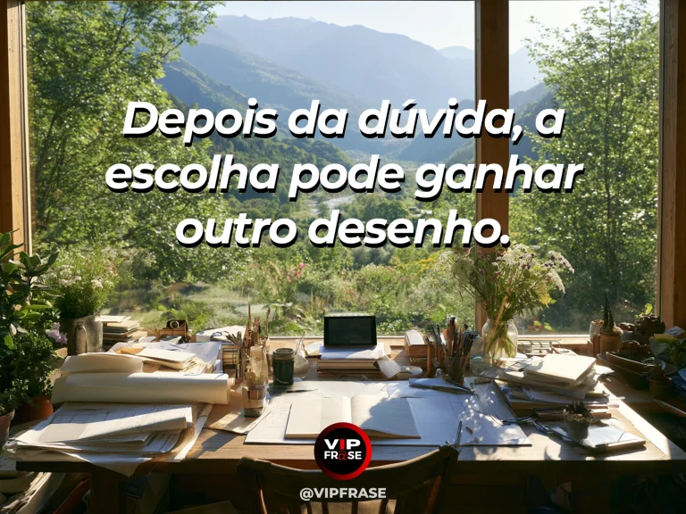 Frase sobre recomeço e redesenhar escolhas depois das dúvidas, em cena de mesa de desenho com dois rascunhos sem letras e flores da estação.