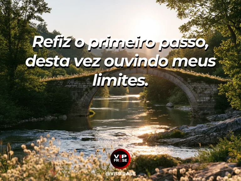 Mensagem de recomeço sobre dar os primeiros passos em outro ritmo, em pequenos degraus de pedra junto a água calma e flores.