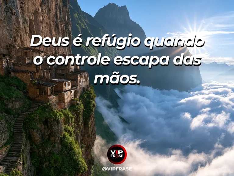 Mensagem de força sobre refúgio quando falta controle, com capela de pedra protegida pela encosta de uma montanha.