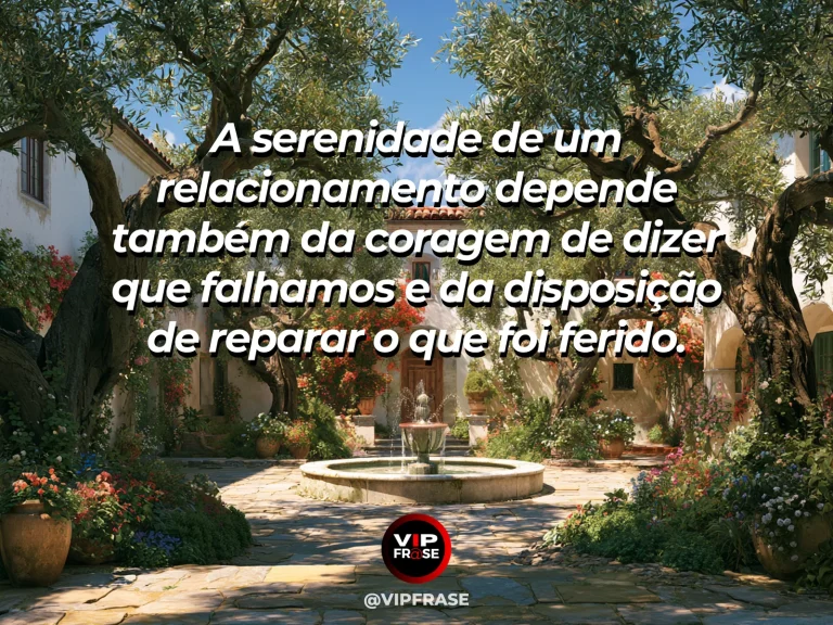 Arte com frase de paz sobre reparar feridas e restaurar o diálogo, em cenário de pátio mediterrâneo ensolarado com fonte de pedra e rosas.
